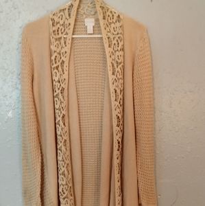 Light brown crochet and lace overthrow